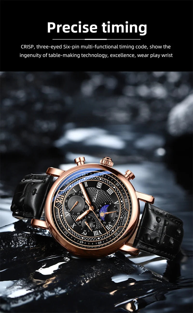 Stainless Steel Leather Chronograph Date Phase of the Moon Watch for Men