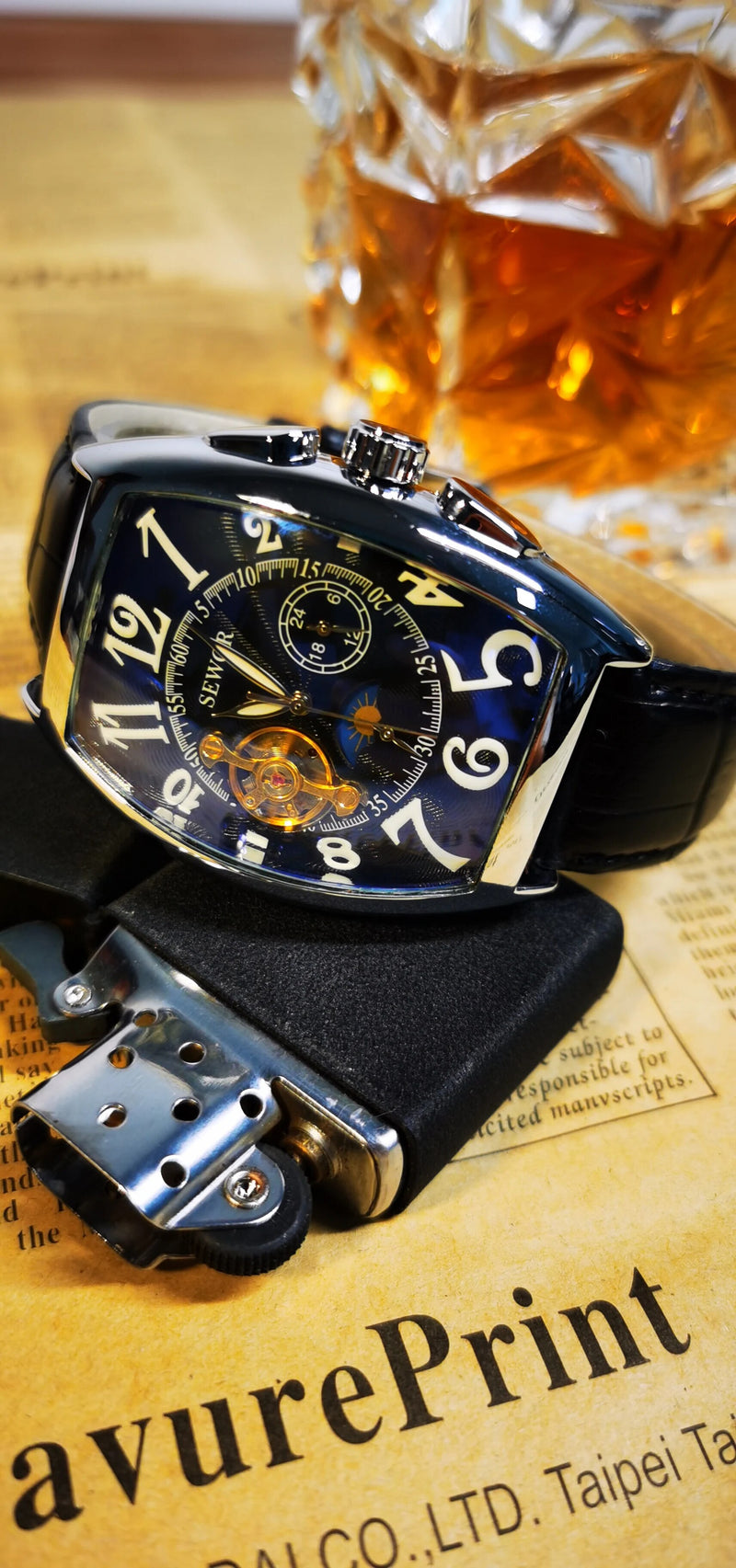 Stainless Steel Genuine Leather Strap Automatic Mechanical Watch with Moon Phase and Tourbillon for Men