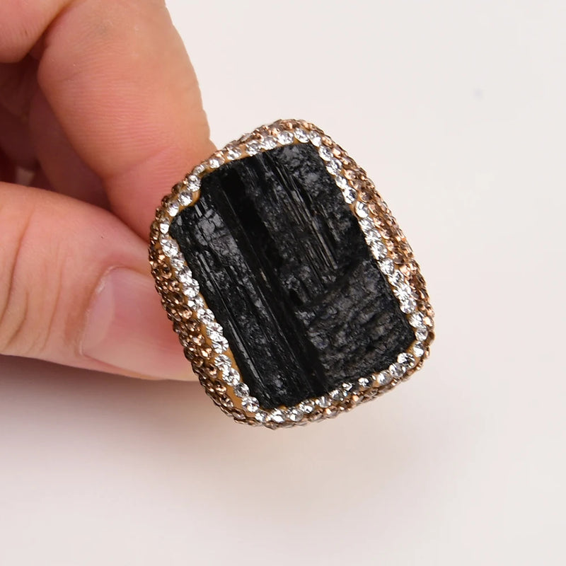 Silver Natural Black Tourmaline & CZ Crystal Paved Ring for Lady