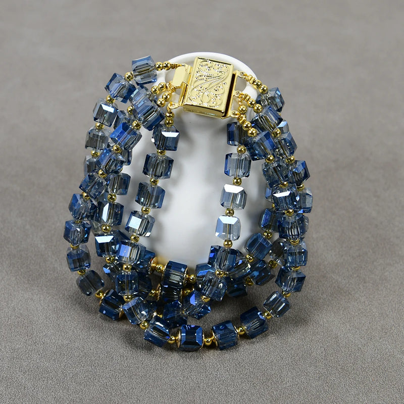 Sterling Silver Blue Crystal Square Cube Beaded Bracelet for Women