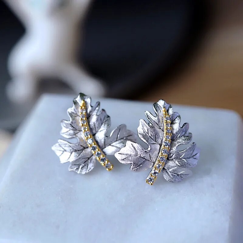 Sterling Silver Maple Leaf Brushed Stud Earrings for Women