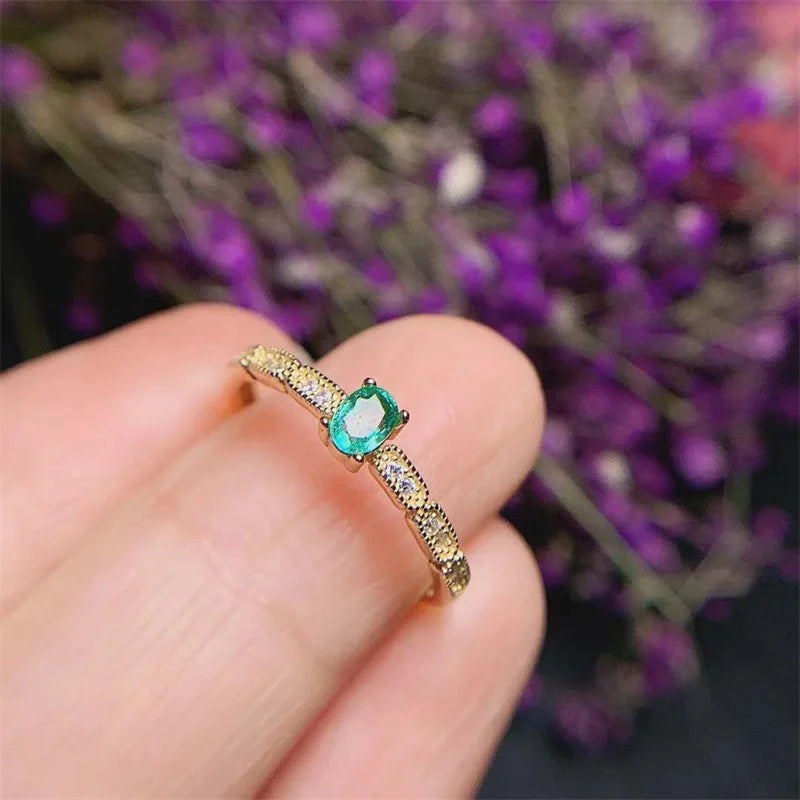 18K Yellow Gold & Sterling Silver Emerald Ring for Women