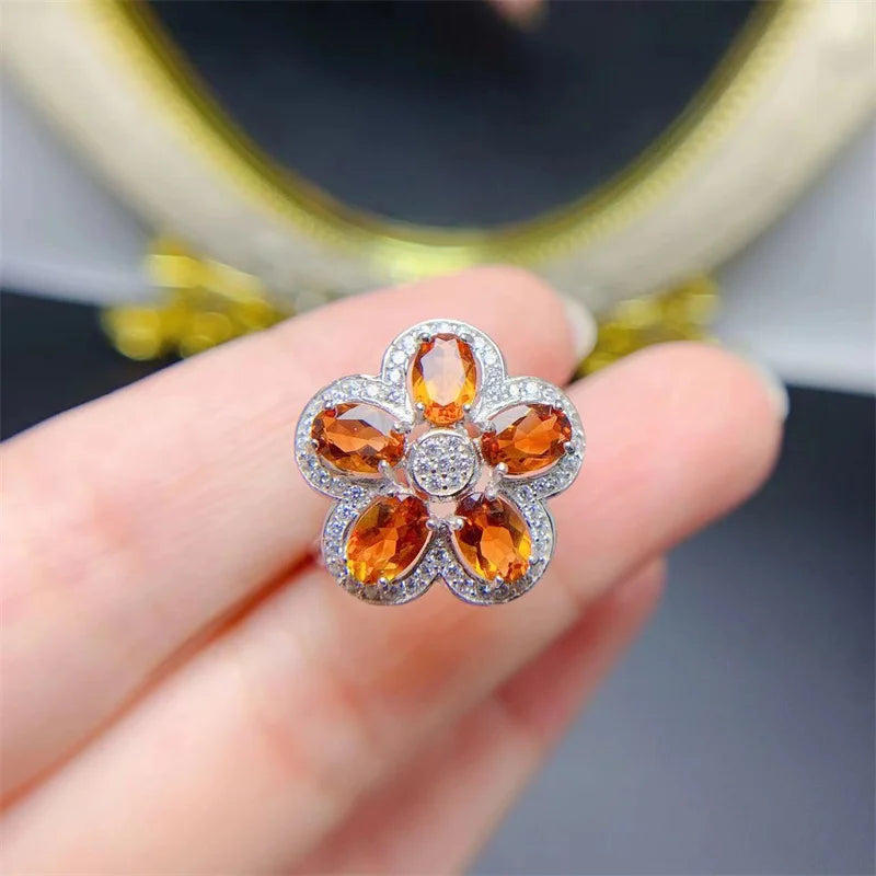 925 Sterling Silver Natural Citrine Flower Ring for Women