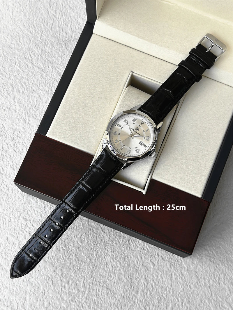 Luxury Quartz Wrist Watch with Leather Band, 30m Waterproof, Tapered Glass for Men's Business Use.