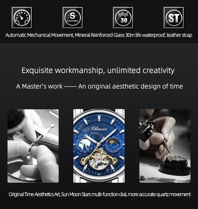 Stainless Steel Milky Way Moon Phase Hollow Flywheel Mechanical Watch for Men