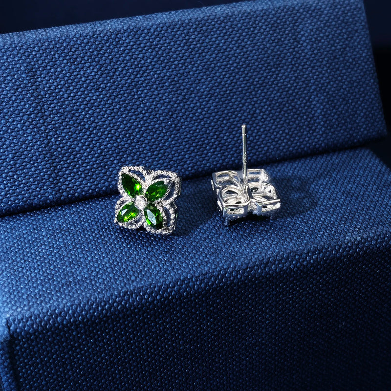 925 Silver Natural Mariquesa Diopside Stud Earrings with Four Leaf Clover Flower Design for Women