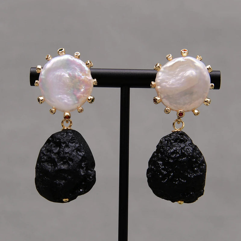 Sterling Silver Black Meteorite and White Keshi Pearl Stud Earrings for Women