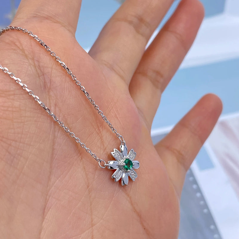 925 Sterling Silver Emerald Chrysanthemum Pendant Necklace for Women