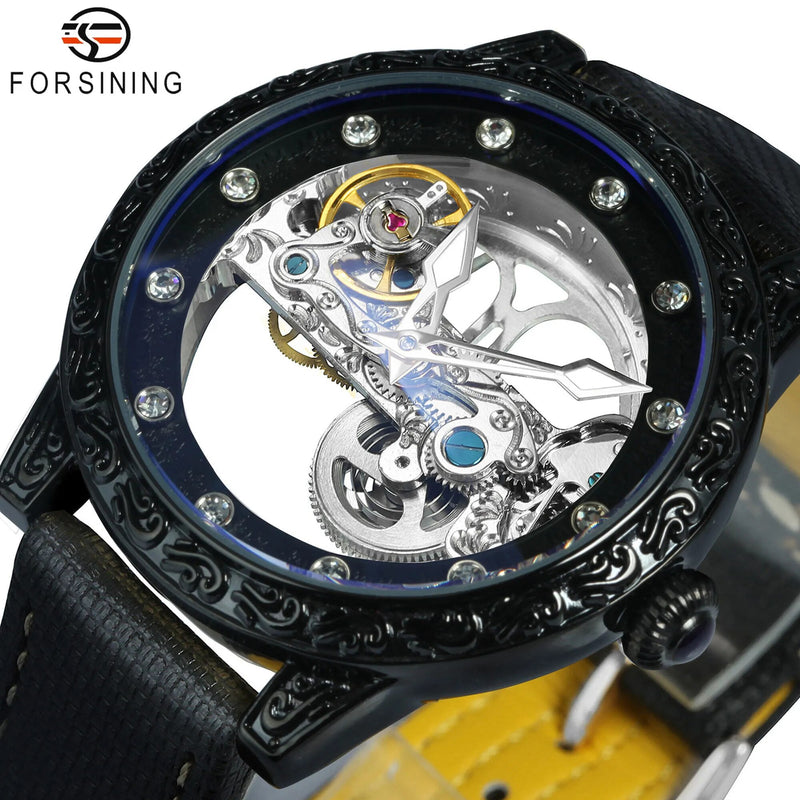 Stainless Steel Automatic Tourbillon Transparent Dial Wristwatch for Men