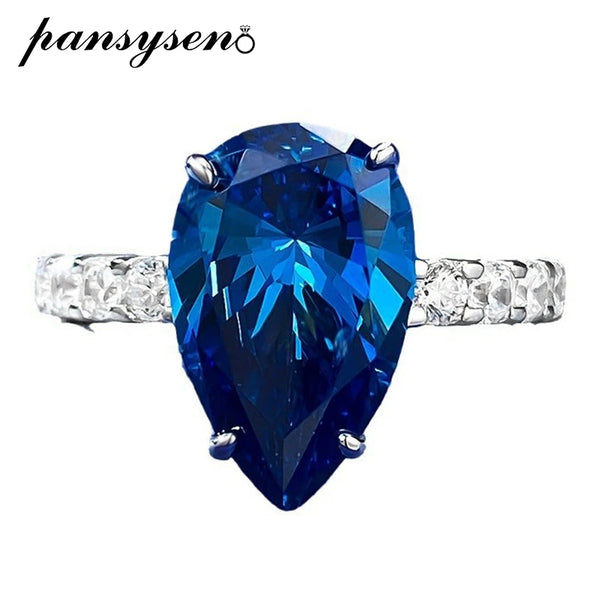 925 Sterling Silver White Gold Plated Pear Sapphire Ring for Women