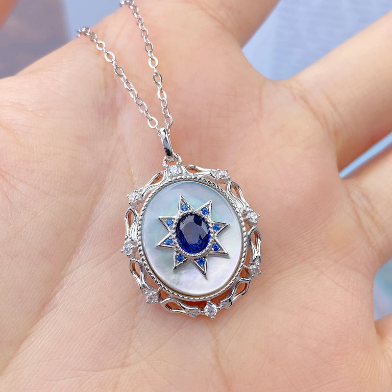 Sterling Silver Natural Sapphire Round Pendant Necklace for Women