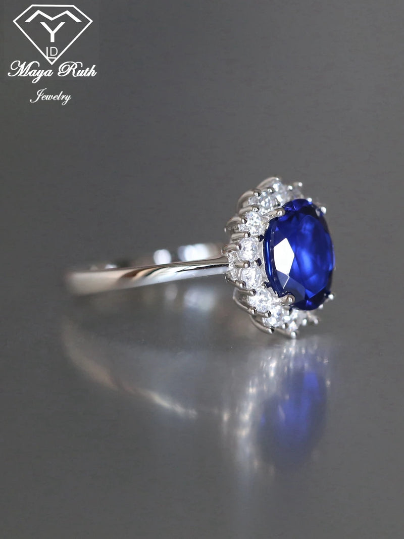 925 Sterling Silver Blue Sapphire Halo Oval Ring for Women