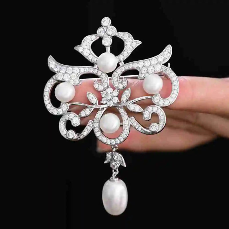 925 Sterling Silver Freshwater Pearl & White Sapphire Diamond Brooch for Women