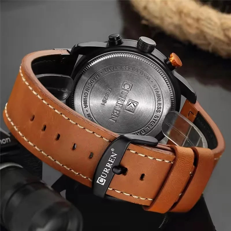 Stainless Steel Brown Leather Chronograph Watch for Men