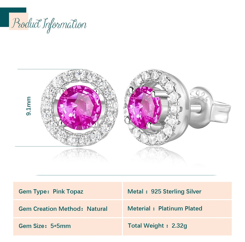 925 Sterling Silver Round Pink Sapphire Stud Earrings for Women