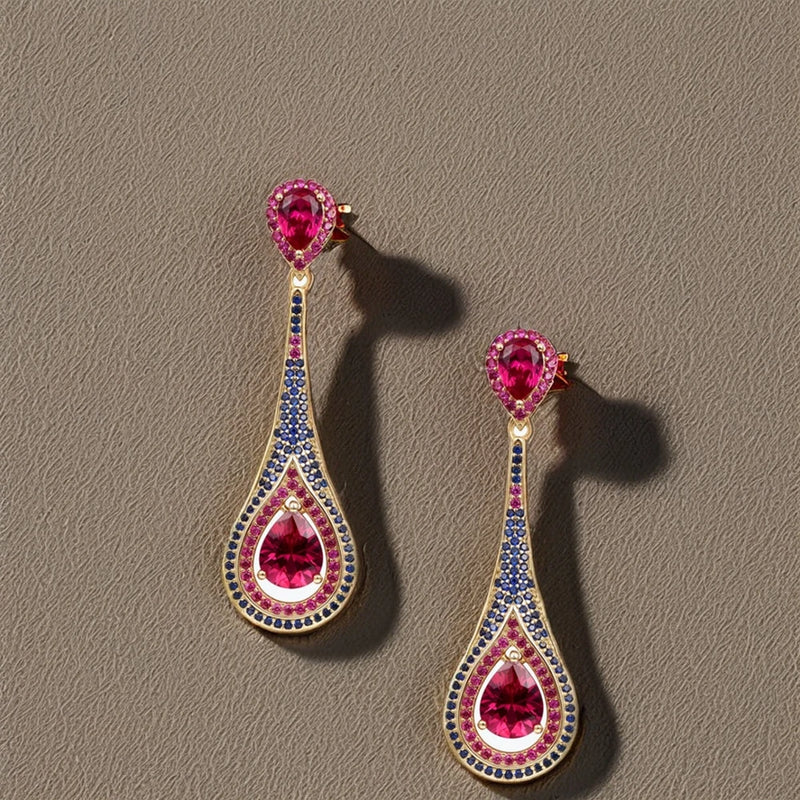 Silver 18k Gold Plated Pear Cut Ruby and Diamond Water Drop Earrings for Women