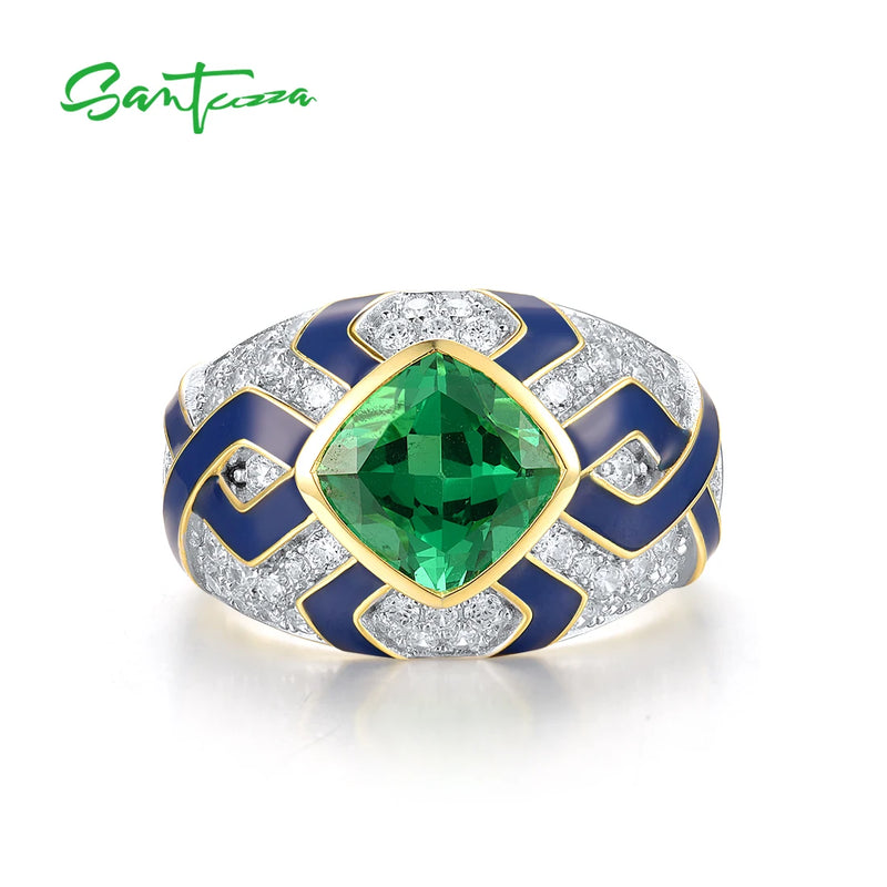 925 Sterling Silver Green Spinel Enamel Ring for Women