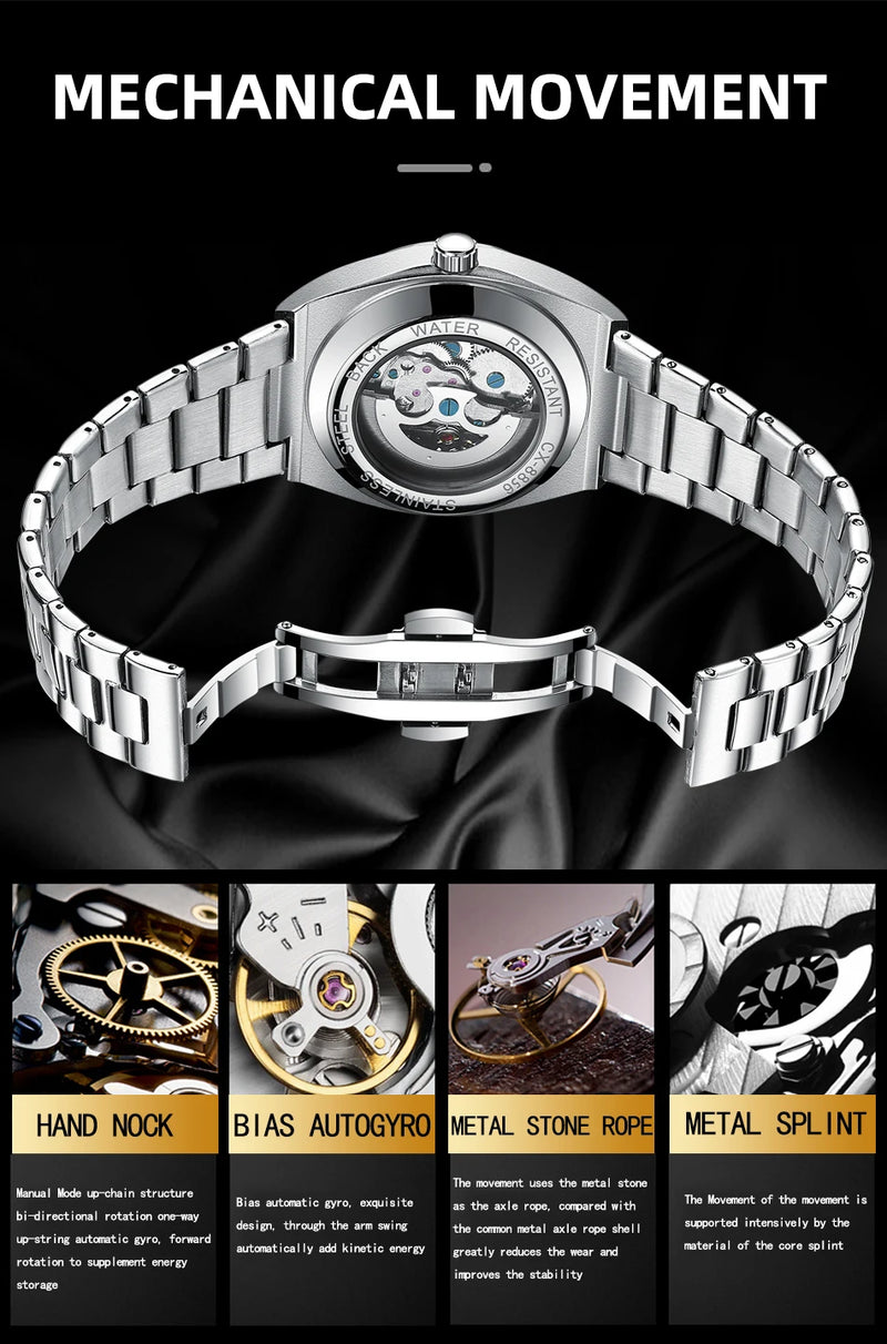 Stainless Steel Automatic Mechanical Hollow Skeleton Watch for Men