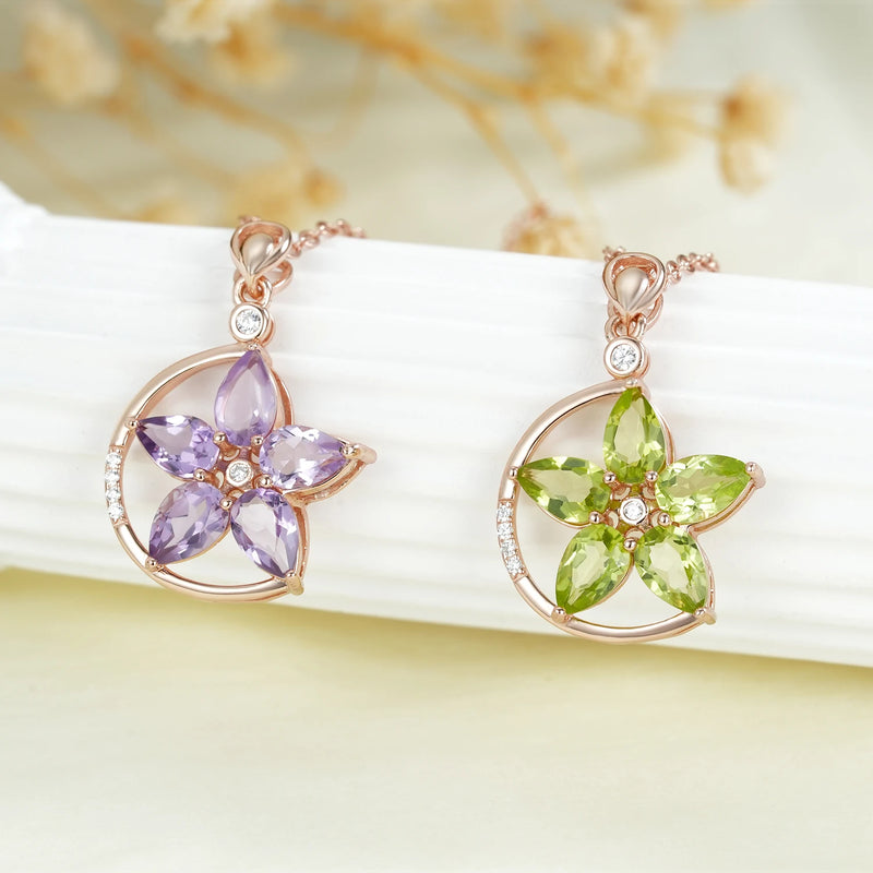 Rose Gold Plated 925 Sterling Silver Green Purple Garnet Flower Pendant Necklace for Women