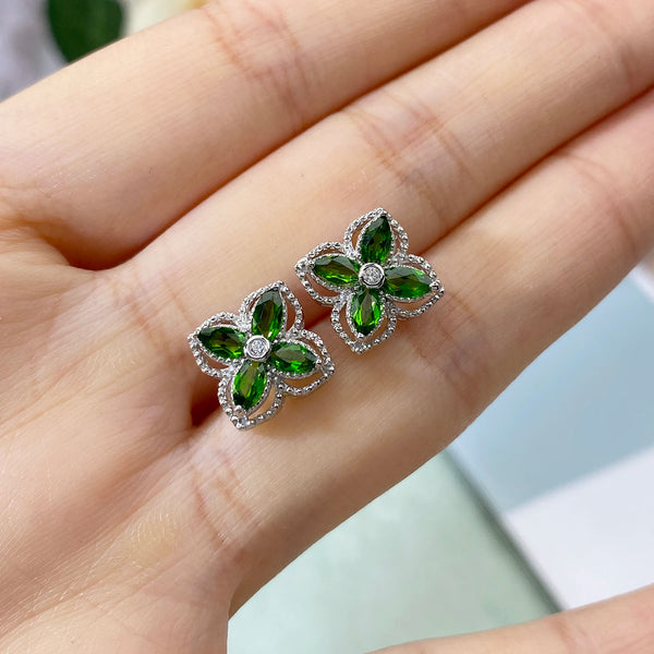 925 Silver Natural Mariquesa Diopside Stud Earrings with Four Leaf Clover Flower Design for Women