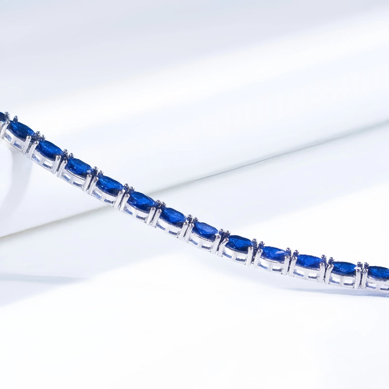 Sterling Silver Oval Blue Sapphire & Zircon Bangle Bracelet for Women