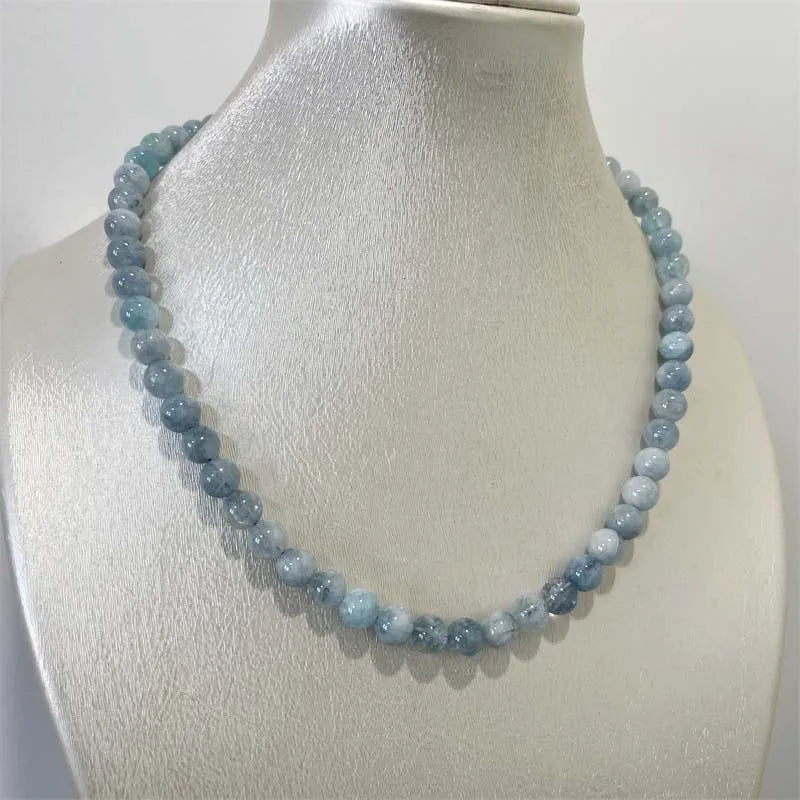 Silver Aquamarine Jade Beads Necklace - Healing Yoga - Simple - For Female