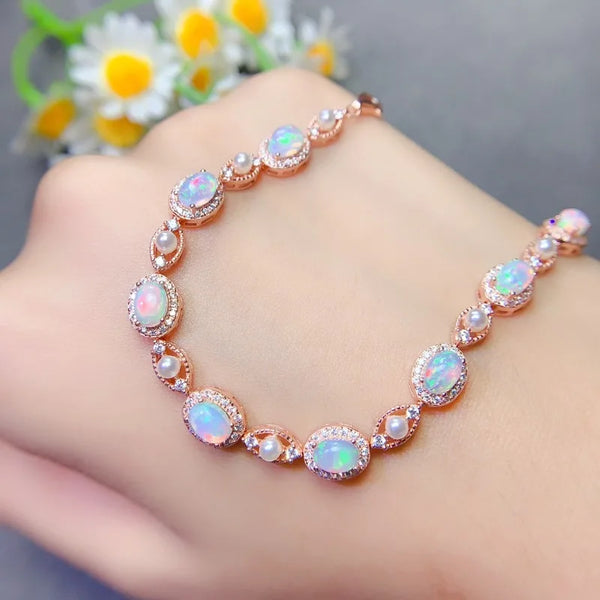 S925 Silver Natural Opal Bracelet, Simple Retro, for Women