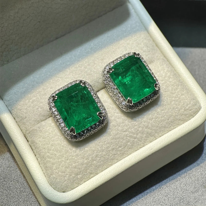 Sterling Silver 10*12 MM 4.2 CT Emerald Paraiba Tourmaline Gemstone Ear Studs for Women