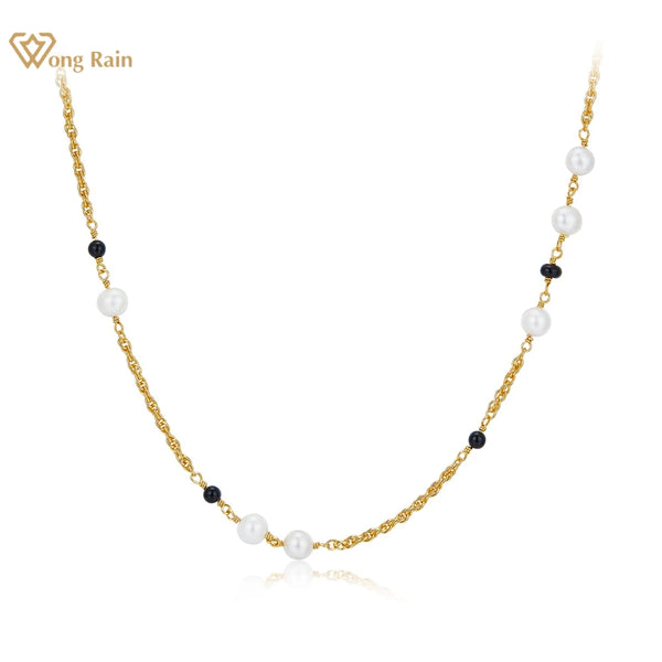 Wong Rain 18K Gold Plated 925 Sterling Silver Natural Black Onyx Pearl Gemstone Elegant Necklace for Women Jewelry Free Shipping