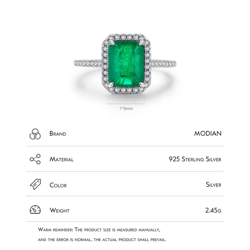 Sterling Silver Rectangle Cut Emerald Ring