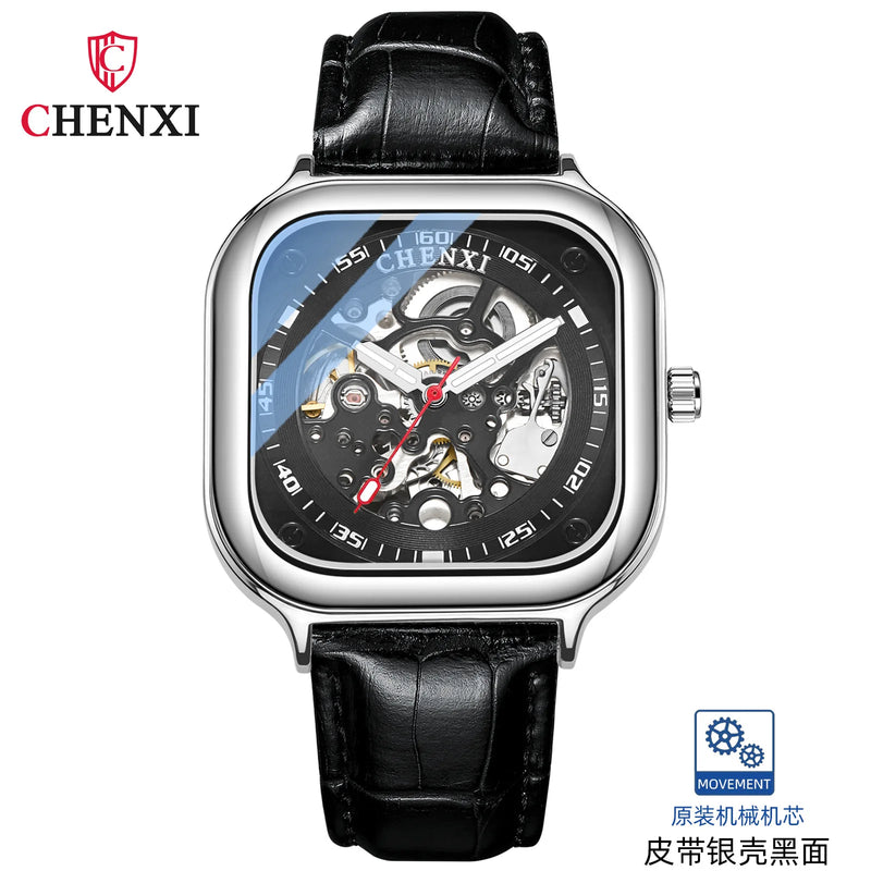 Leather Mesh Square Fashion Mechanical Watch for Men