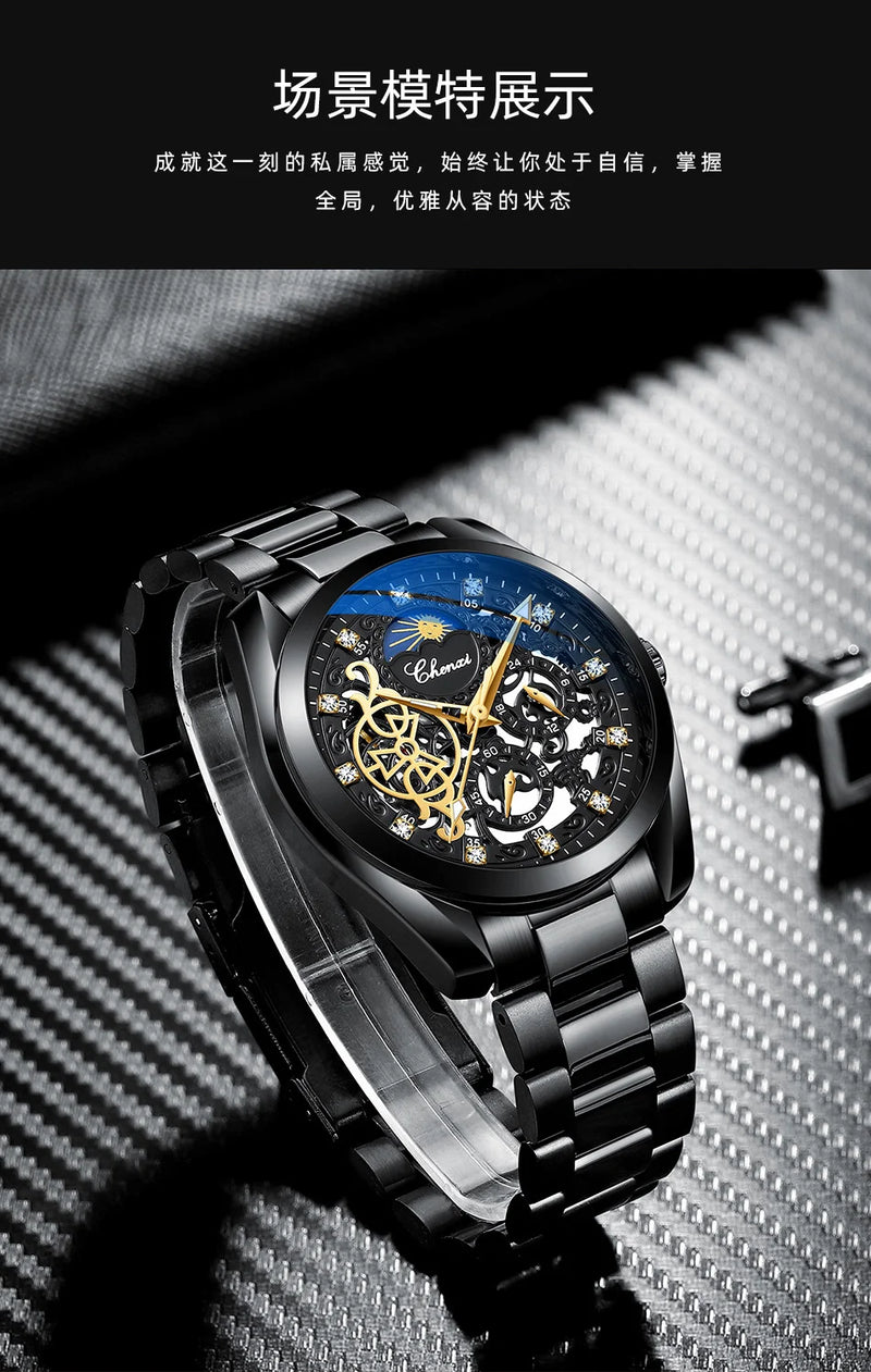 Stainless Steel Diamond Inlaid Mechanical Watch for Men