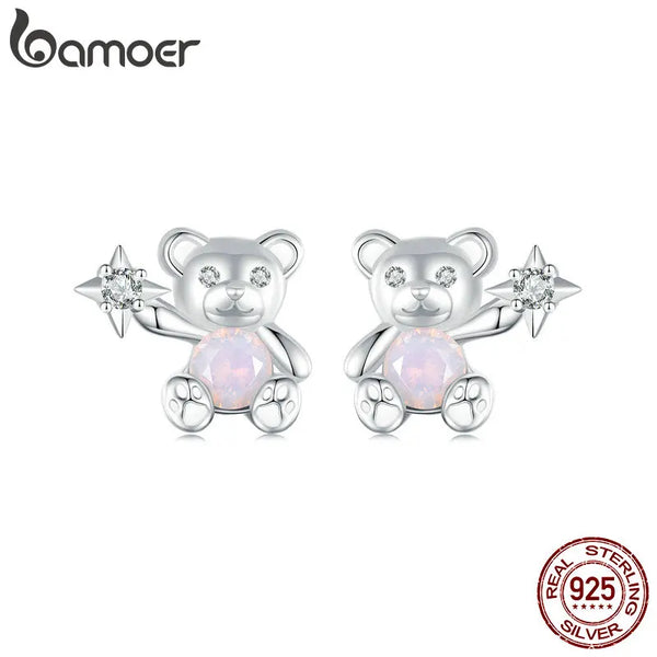 925 Sterling Silver Opal Bear Stud Earrings for Women