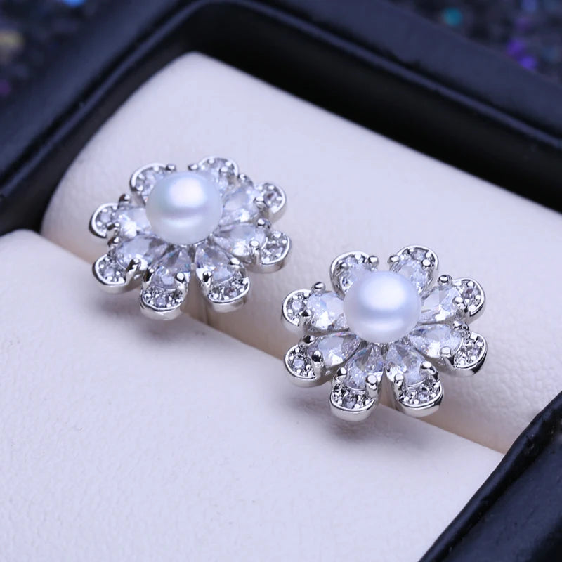 Silver Freshwater Pearl Flower Stud Earrings for Women