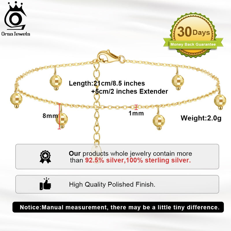 Silver 925 Cable Chain Round Beads Ankle Bracelet for Women