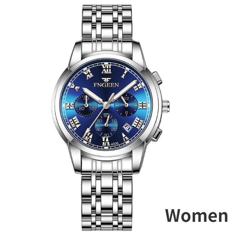 Stainless Steel Black Luminous Calendar Date Watch with three eyes and six pins for Men and Women