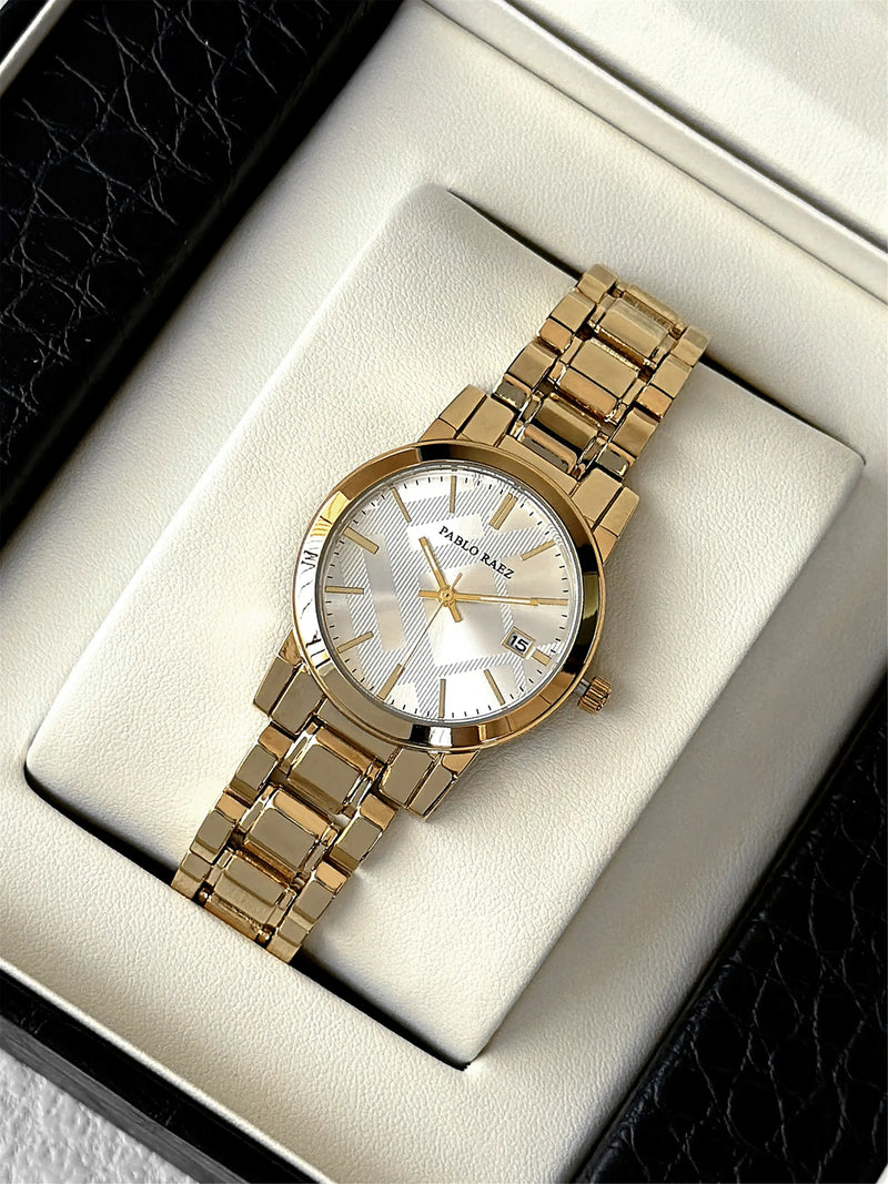 Elegant Gold Stainless Steel Ladies' Watch with Date Display & Waterproof Design