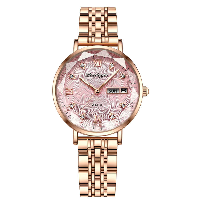 Stainless steel Luminous Quartz Date Week Waterproof Watch for women