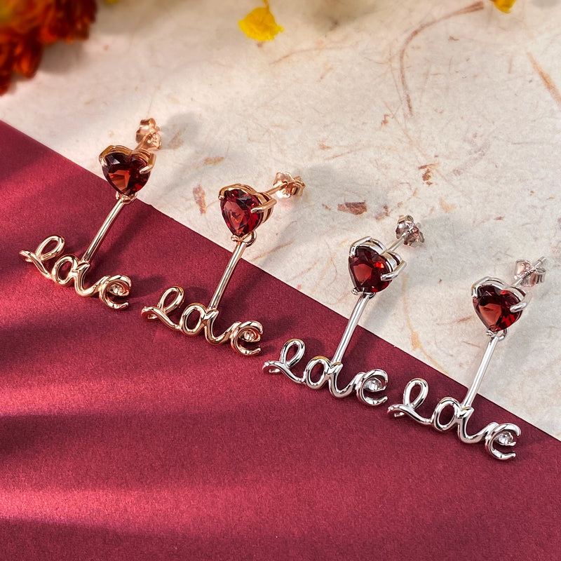 925 Sterling Silver Red Garnet Love Letter Drop Earrings for Women