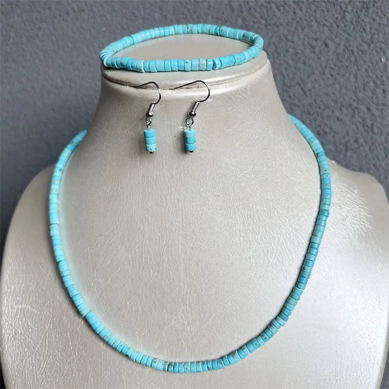 Sterling Silver Heishi Blue Turquoise Jewelry Set for Women