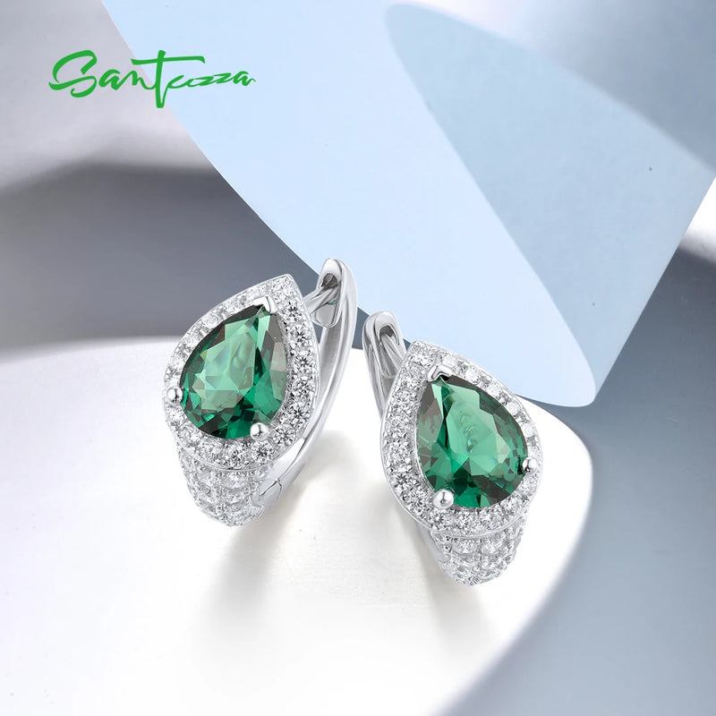 925 Sterling Silver White CZ Green Spinel Hoop Earrings for Women