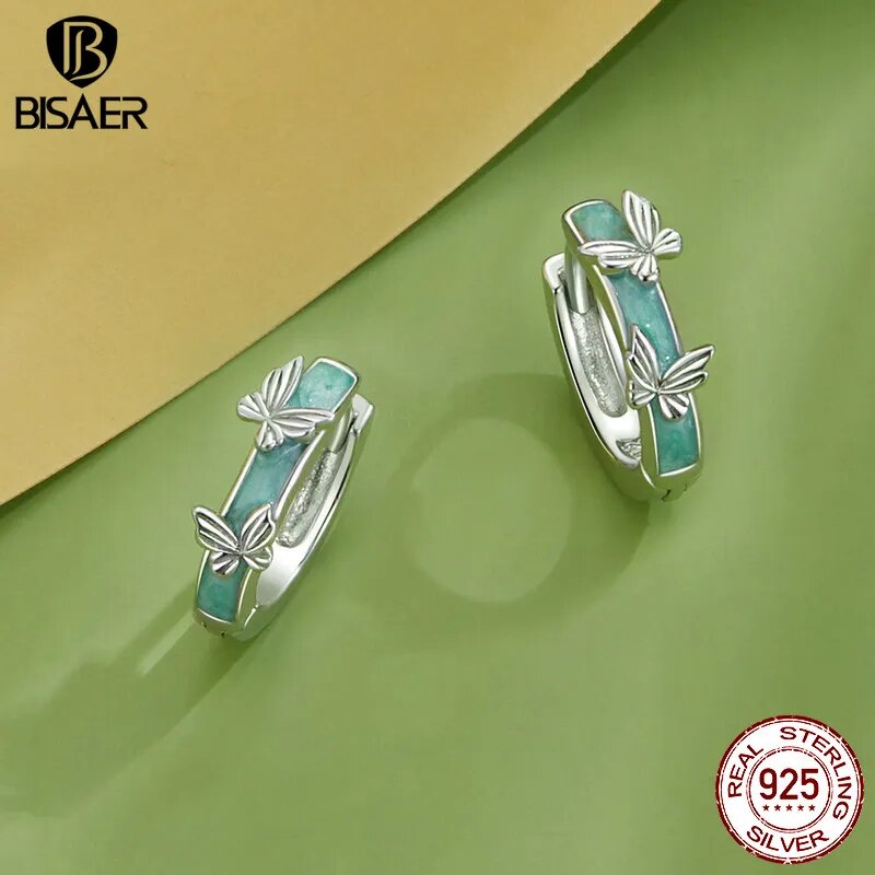 925 Sterling Silver Green Butterfly Hoop Earrings with Platinum Plating for Women