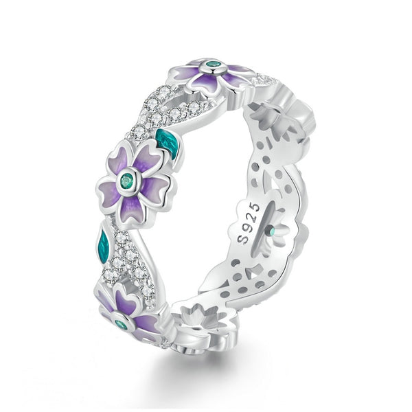 Sterling Silver Mystic Purple Flower & Vine Zircon Ring for Women