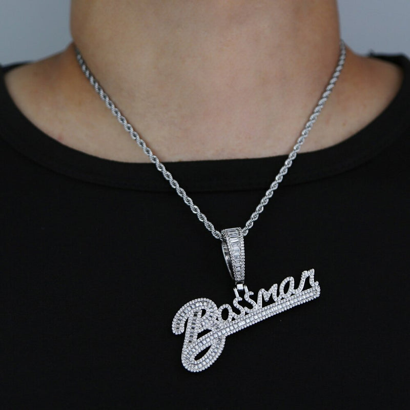 Silver Iced Out Cursive Letters Pendant Necklace with 5A Cubic Zirconia for Men