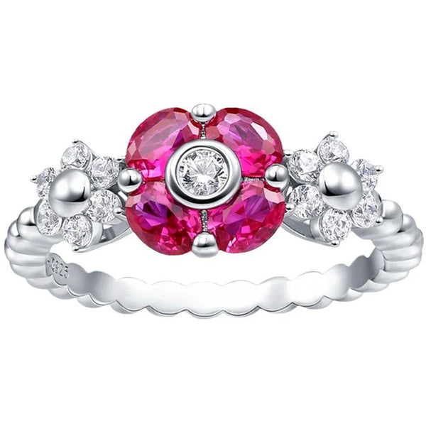 925 Sterling Silver Lab Sapphire Ruby High Carbon Diamonds Gemstone Flower Rings