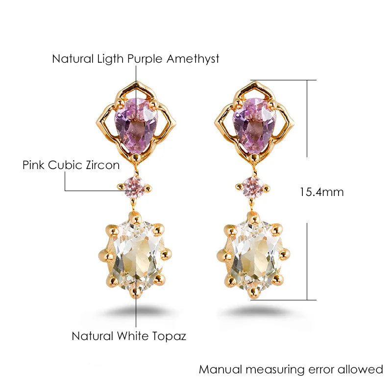 925 Sterling Silver Natural Amethyst & Topaz Stud Earrings for Women