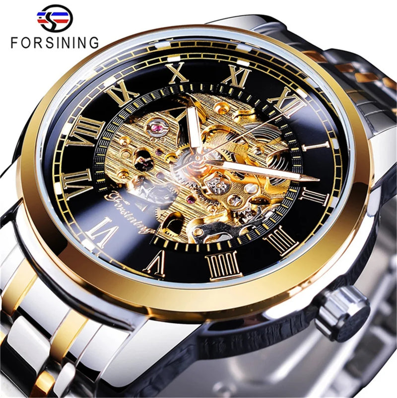 Stainless Steel Mechanical Skeleton Wristwatch for Men