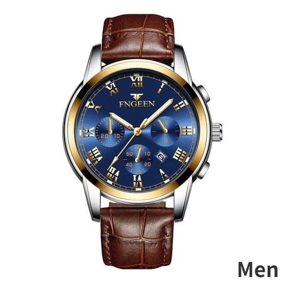 Stainless Steel Black Luminous Calendar Date Watch with three eyes and six pins for Men and Women