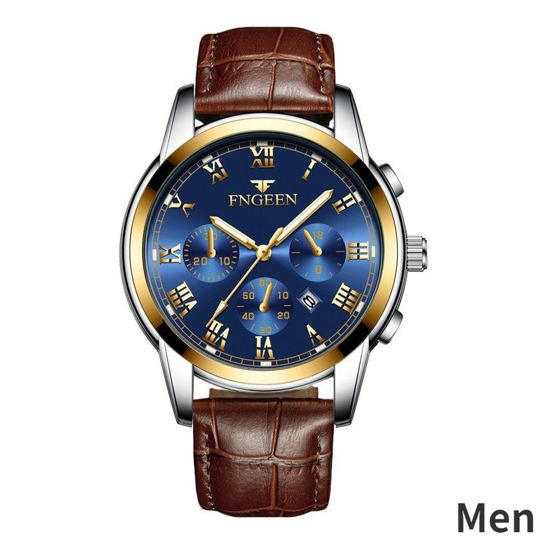 Stainless Steel Black Luminous Calendar Date Watch with three eyes and six pins for Men and Women