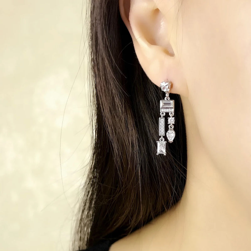 Sterling Silver 925 White Mix of Shapes Drop Earrings for Women